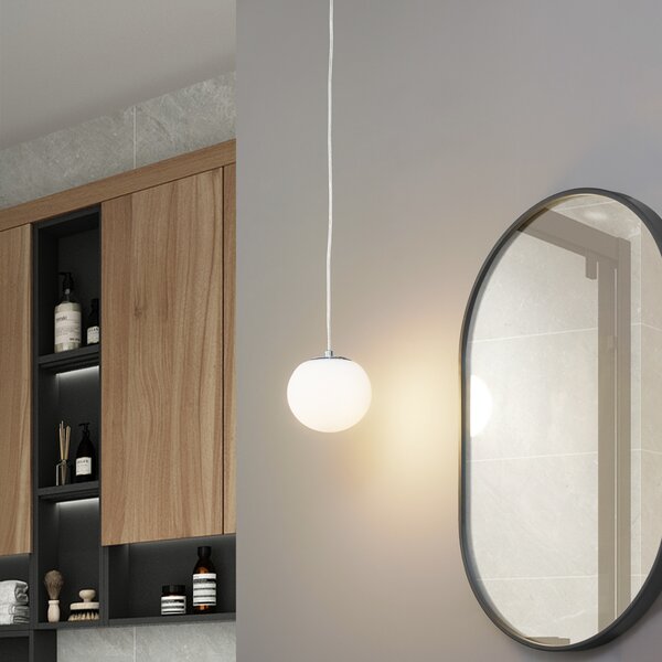 Lucande Lampă suspendată Bidolo, cromată, sticlă, Ø 15 cm, IP44, reglabil, Metalic, Baie, Sticlă, glob