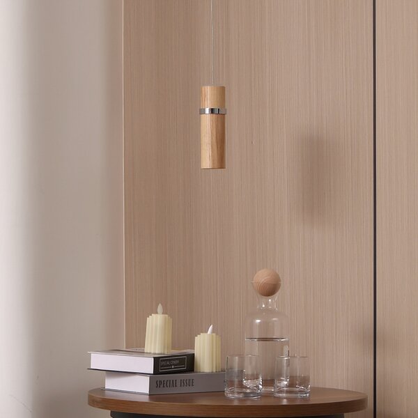 Lucande Lampă suspendată LED Nojus, lemn, lumină orientată în sus/jos, Ø 6 cm, reglabil, Lemn, Camera de zi / sufragerie, Lemn