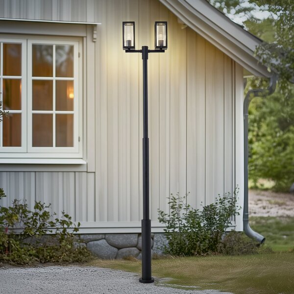 Lucande Lampă exterioară Siveta, 240cm, 2 becuri, negru, E27, IP65, reglabil, Negru, Aluminiu, Modern
