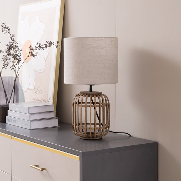 Lindby Lampă de masă Marzanna, gri, bambus, 42,5 cm, E27, Lemn, Camera de zi / sufragerie, Țesătură / Textil, Casă de țară / Rustic
