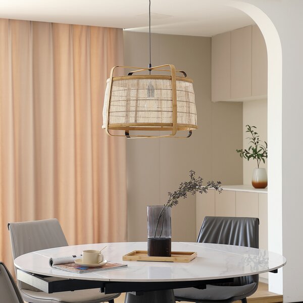 Lindby lampă suspendată Liriana, bambus, fier, Ø 45 cm, E27, reglabil, Lemn, Camera de zi / sufragerie, Bamboo, Casă de țară / Rustic