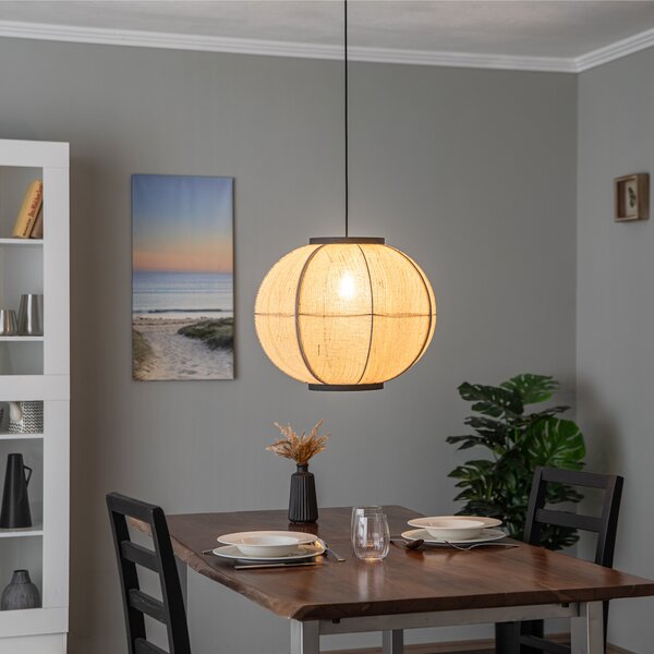 Lindby lampă suspendată Aurinil, culoarea lemnului, in, Ø 48cm, E27, reglabil, Lemn, Camera de zi / sufragerie, Țesătură / Textil, Casă de țară / Rustic