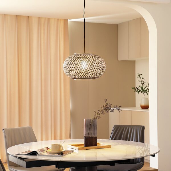 Lindby Suspensie Nerys, 1 lumină, negru, bambus, Ø 38 cm, reglabil, Lemn, Camera de zi / sufragerie, Lemn, Casă de țară / Rustic