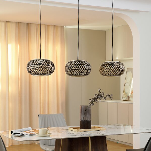 Lindby Lampă suspendată Nerys, 3 becuri, negru, bambus, 1.120 cm, reglabil, Lemn, Camera de zi / sufragerie, Lemn, Casă de țară / Rustic