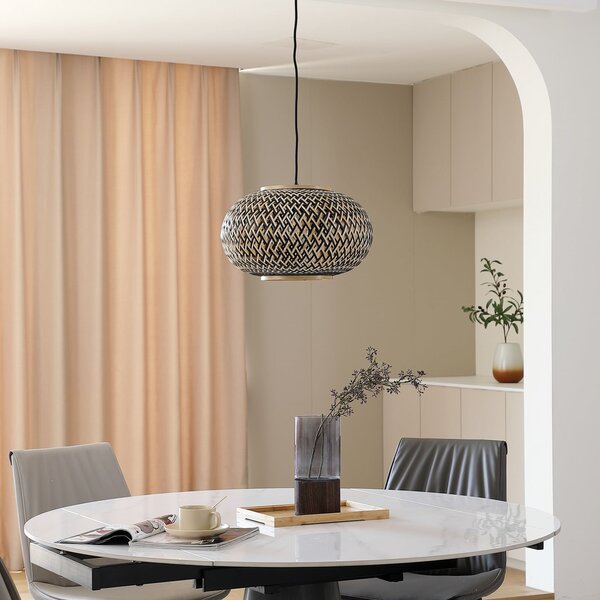 Lindby Suspensie Nerys, 1 lumină, negru, bambus, Ø 38 cm, reglabil, Lemn, Camera de zi / sufragerie, Lemn, Casă de țară / Rustic