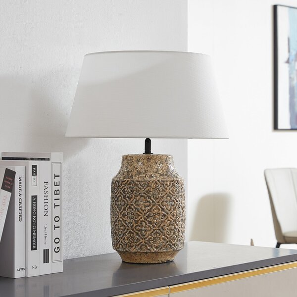 Lindby Lampă de masă Aelith, Ø 40 cm, maro, ceramică, E27, Bej, Camera de zi / sufragerie, Ceramică, Casă de țară / Rustic