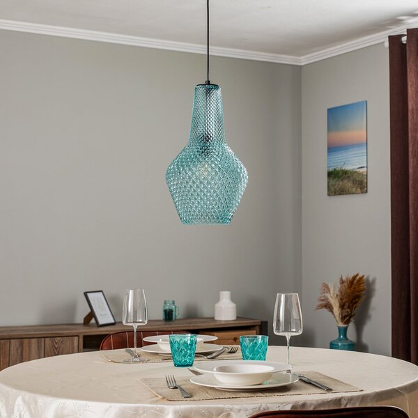 Lindby Suspensie Drakar, 1 lumină, albastru deschis, sticlă, Ø 25 cm, reglabil, Albastru, Camera de zi / sufragerie, Sticlă, Vintage