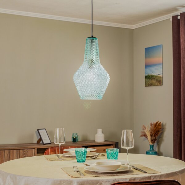 Lindby Suspensie Drakar, 1 lumină, albastru deschis, sticlă, Ø 25 cm, reglabil, Albastru, Camera de zi / sufragerie, Sticlă, Vintage