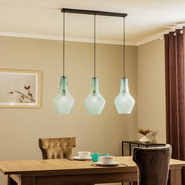 Lindby Suspensie Drakar, 3 lumini, albastru deschis, sticlă, Ø 25 cm, reglabil, Albastru, Camera de zi / sufragerie, Sticlă, Vintage