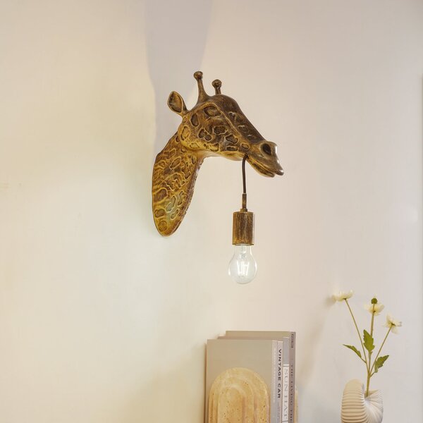 Lindby Aplică de perete Nirvathia, 35 cm, girafă, culoarea alamei, reglabil, Auriu / Alamă, Camera de zi / sufragerie, Metal, Design