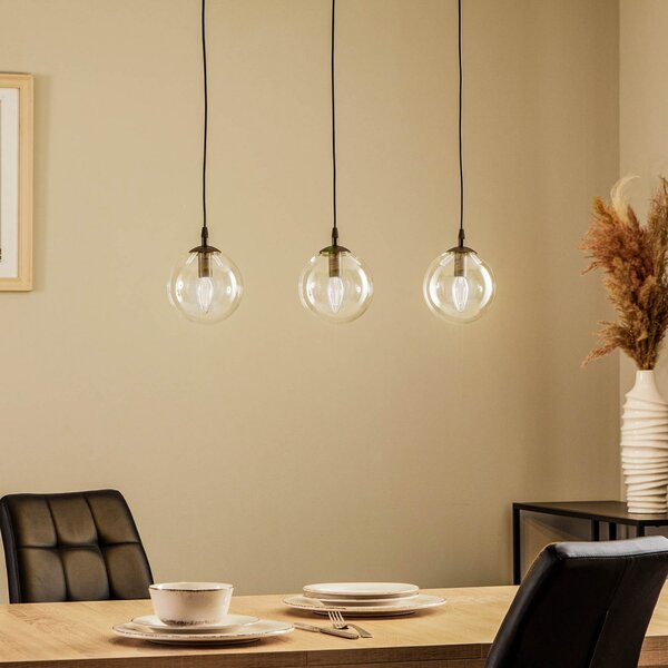 EMIBIG LIGHTING Lampă suspendată Glassy, 3 becuri, dreaptă, negru, transparent, sticlă, reglabil, Negru, Camera de zi / sufragerie, Metal, Modern