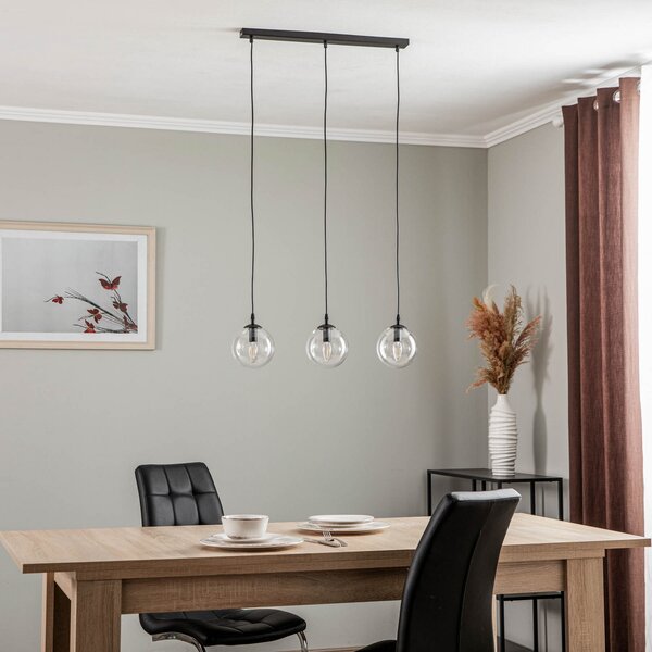 EMIBIG LIGHTING Lampă suspendată Glassy, 3 becuri, dreaptă, negru, transparent, sticlă, reglabil, Negru, Camera de zi / sufragerie, Metal, Modern