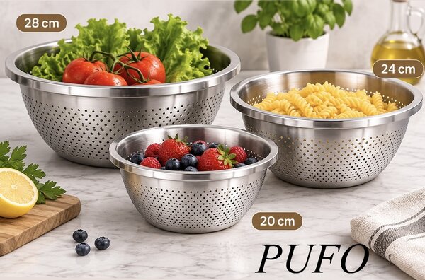 Set 3 strecuratori din inox, 20, 24 și 28 cm – site metalice pentru paste, legume, fructe, orez si scurgerea alimentelor, ustensile pactice pentru bucatarie