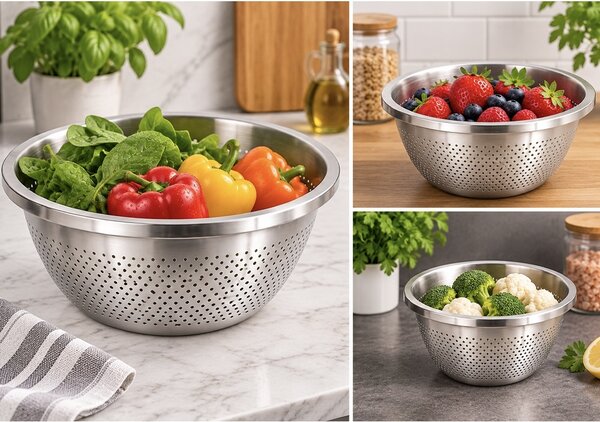 Set 3 strecuratori din inox, 20, 24 și 28 cm – site metalice pentru paste, legume, fructe, orez si scurgerea alimentelor, ustensile pactice pentru bucatarie
