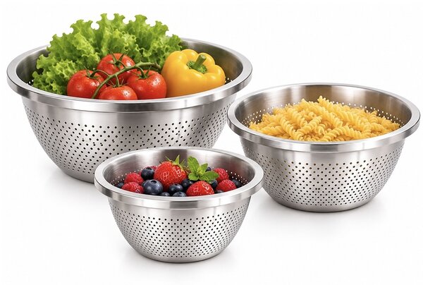 Set 3 strecuratori din inox, 20, 24 și 28 cm – site metalice pentru paste, legume, fructe, orez si scurgerea alimentelor, ustensile pactice pentru bucatarie