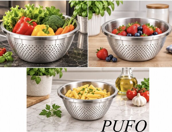 Set 3 strecuratori din inox, 20, 24 și 28 cm – site metalice pentru paste, legume, fructe, orez si scurgerea alimentelor, ustensile pactice pentru bucatarie