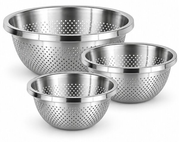 Set 3 strecuratori din inox, 20, 24 și 28 cm – site metalice pentru paste, legume, fructe, orez si scurgerea alimentelor, ustensile pactice pentru bucatarie