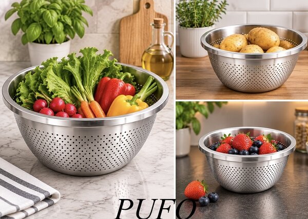 Set 3 strecuratori din inox, 20, 24 și 28 cm – site metalice pentru paste, legume, fructe, orez si scurgerea alimentelor, ustensile pactice pentru bucatarie