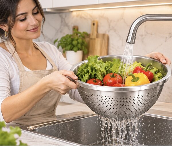 Set 3 strecuratori din inox, 20, 24 și 28 cm – site metalice pentru paste, legume, fructe, orez si scurgerea alimentelor, ustensile pactice pentru bucatarie
