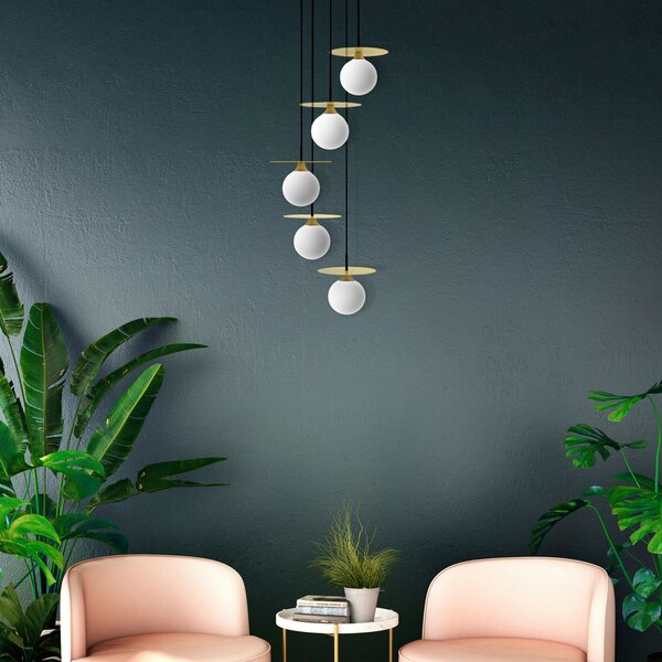 Aluminor Cascade lampă suspendată, 5 becuri, auriu, reglabil, Auriu / Alamă, Camera de zi / sufragerie, Metal, Design, glob