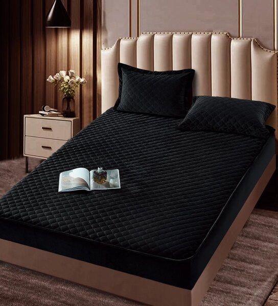 Set husa cu elastic pentru pat, 3 piese, catifea, 180×200 cm, Negru