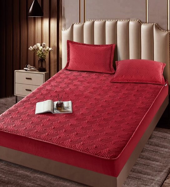Set husa cu elastic pentru pat, 3 piese, catifea, 180×200 cm, Rosu