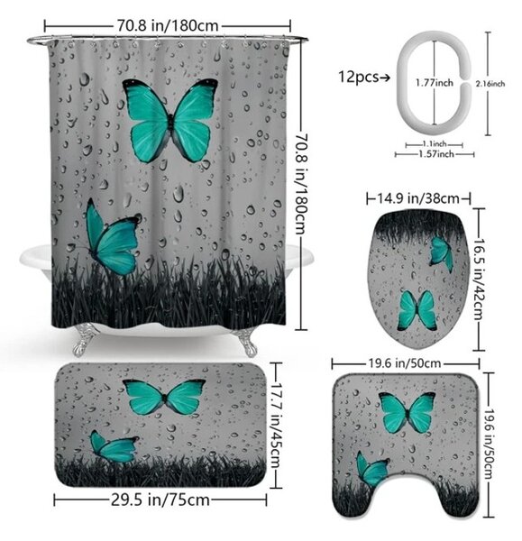 Set baie 4 piese: perdea, covorase si husa de toaleta, Butterfly Love