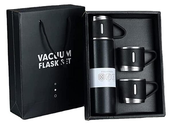 Set 4 piese: Termos 500 ml + 3 cesti, otel inoxidabil, Negru