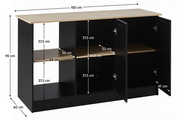 KONDELA Insulă de bucătărie, 150x60 cm, stejar/negru, POMPEJ