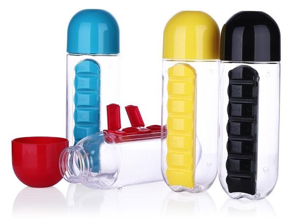 Set 2 x Sticla de apa cu organizator de medicamente