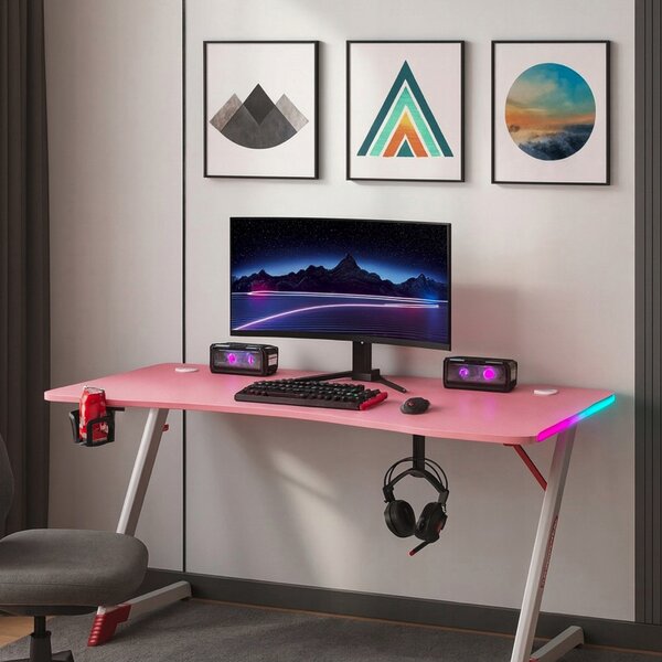 Birou gaming roz, masă PC cu iluminare RGB LED Šírka: 120 cm