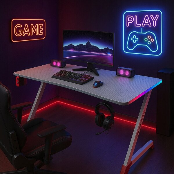 Birou gaming alb cu iluminare RGB LED Šírka: 120 cm