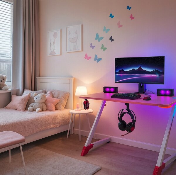 Birou gaming roz, masă PC cu iluminare RGB LED Šírka: 120 cm