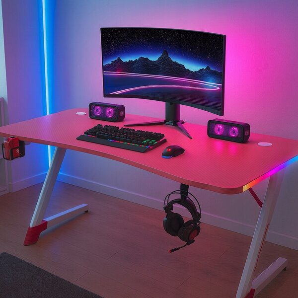 Birou gaming roz, masă PC cu iluminare RGB LED Šírka: 120 cm