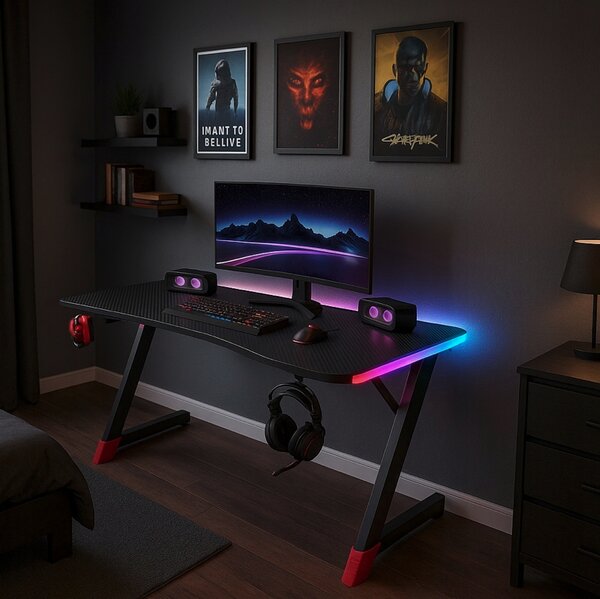 Masă de jocuri neagră, masă PC cu iluminare LED RGB Šírka: 140 cm