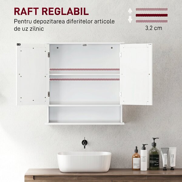 Kleankin Dulap Suspendat pentru Baie cu 2 Uși cu Oglindă și Raft Deschis, Raft Interior Reglabil, Mânere Metalice, 56x13x58 cm, Alb | Aosom Romania