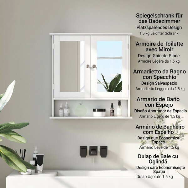 Kleankin Dulap Suspendat pentru Baie cu 2 Uși cu Oglindă și Raft Deschis, Raft Interior Reglabil, Mânere Metalice, 56x13x58 cm, Alb | Aosom Romania