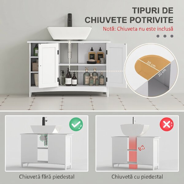 Kleankin Dulap Rustic pentru Chiuveta din Baie, Dulap de Depozitare pentru sub Chiuveta cu Usi Duble si Rafturi, Alb
