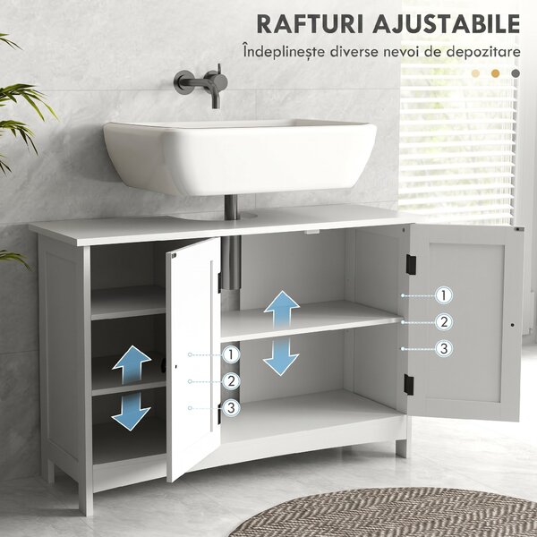 Kleankin Dulap Rustic pentru Chiuveta din Baie, Dulap de Depozitare pentru sub Chiuveta cu Usi Duble si Rafturi, Alb