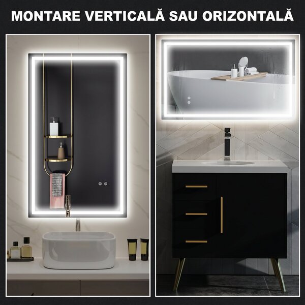 HOMCOM Oglindă de Baie Iluminată cu Lumini LED Reglabile și Strat Anti-Condens, 100x60 cm, Transparent | Aosom Romania