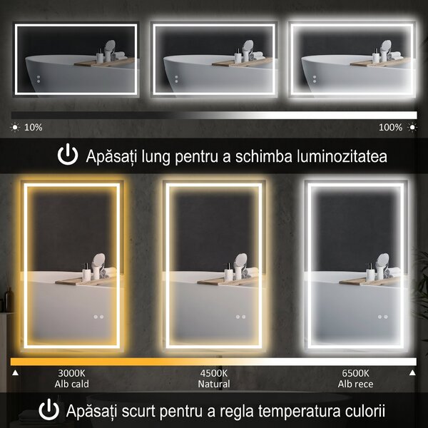 HOMCOM Oglindă de Baie Iluminată cu Lumini LED Reglabile și Strat Anti-Condens, 100x60 cm, Transparent | Aosom Romania