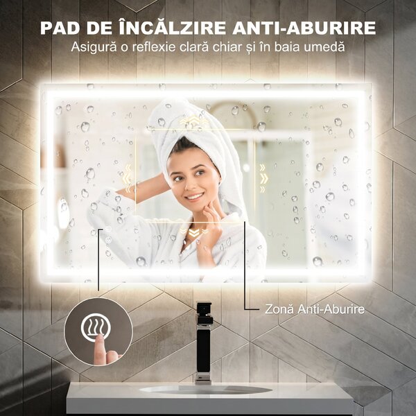 HOMCOM Oglindă de Baie Iluminată cu Lumini LED Reglabile și Strat Anti-Condens, 100x60 cm, Transparent | Aosom Romania