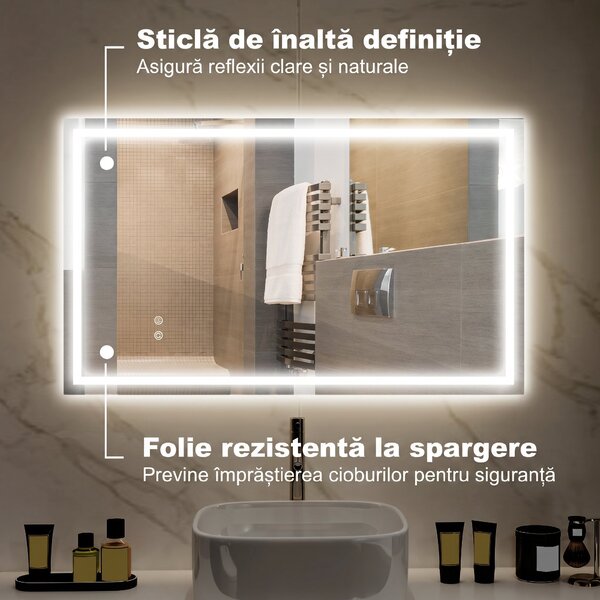 HOMCOM Oglindă de Baie Iluminată cu Lumini LED Reglabile și Strat Anti-Condens, 100x60 cm, Transparent | Aosom Romania