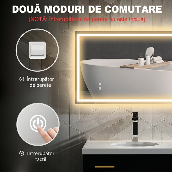 HOMCOM Oglindă de Baie Iluminată cu Lumini LED Reglabile și Strat Anti-Condens, 100x60 cm, Transparent | Aosom Romania
