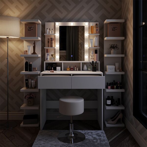 SEA451 - Set Masa toaleta, 80 cm, cosmetica machiaj, oglinda cu LED, masuta vanity, cu sau fara scaun - Alb