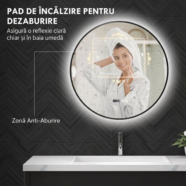 HOMCOM Oglindă de Baie Anti-Ceață cu Lumini LED Reglabile, Ø70x3 cm, Negru | Aosom Romania