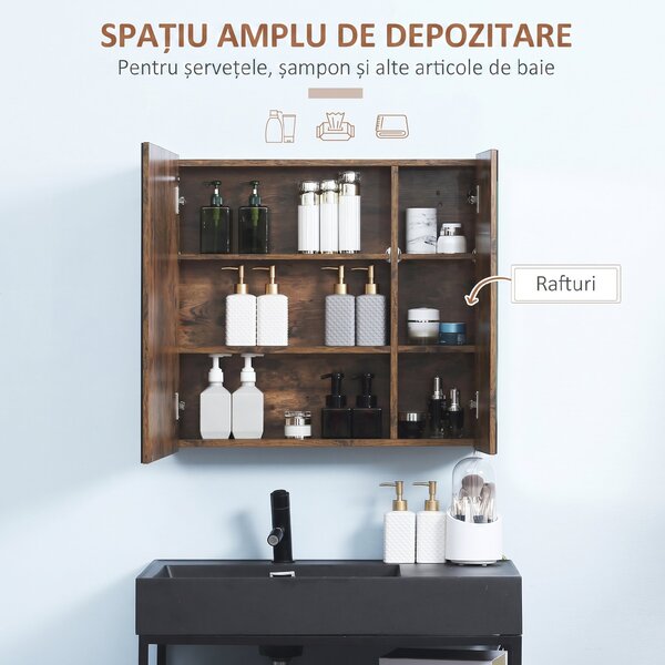 Kleankin Oglindă de Baie cu Lumini LED Reglabile, Dulap de Baie cu 2 Uși cu Oglindă și Raft Reglabil, 70x15x65 cm, Maro | Aosom Romania