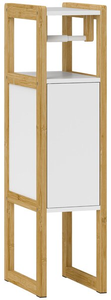 HOMCOM Mobilier de Baie cu Suport pentru Hârtie Igienică, Dulap și Raft, Dulap Compact din Bambus, 20x33x80 cm, Alb | Aosom Romania