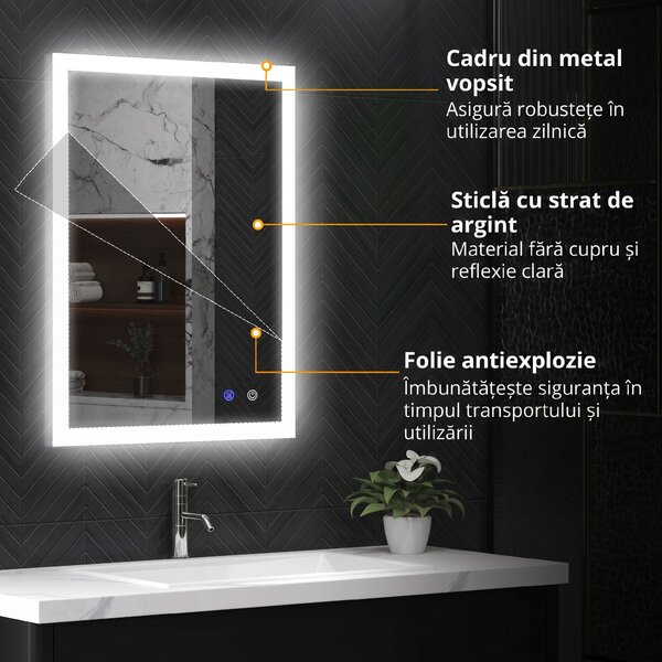 Kleankin Oglinda LED, Oglinda de Machiaj de Perete cu 3 Lumini, 800x600mm, Tactilă, Anti-Ceță, Montare Orizontală/Verticală | Aosom Romania