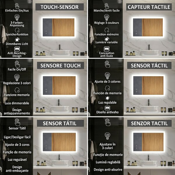 Kleankin Oglinda LED, Oglinda de Machiaj de Perete cu 3 Lumini, 800x600mm, Tactilă, Anti-Ceță, Montare Orizontală/Verticală | Aosom Romania